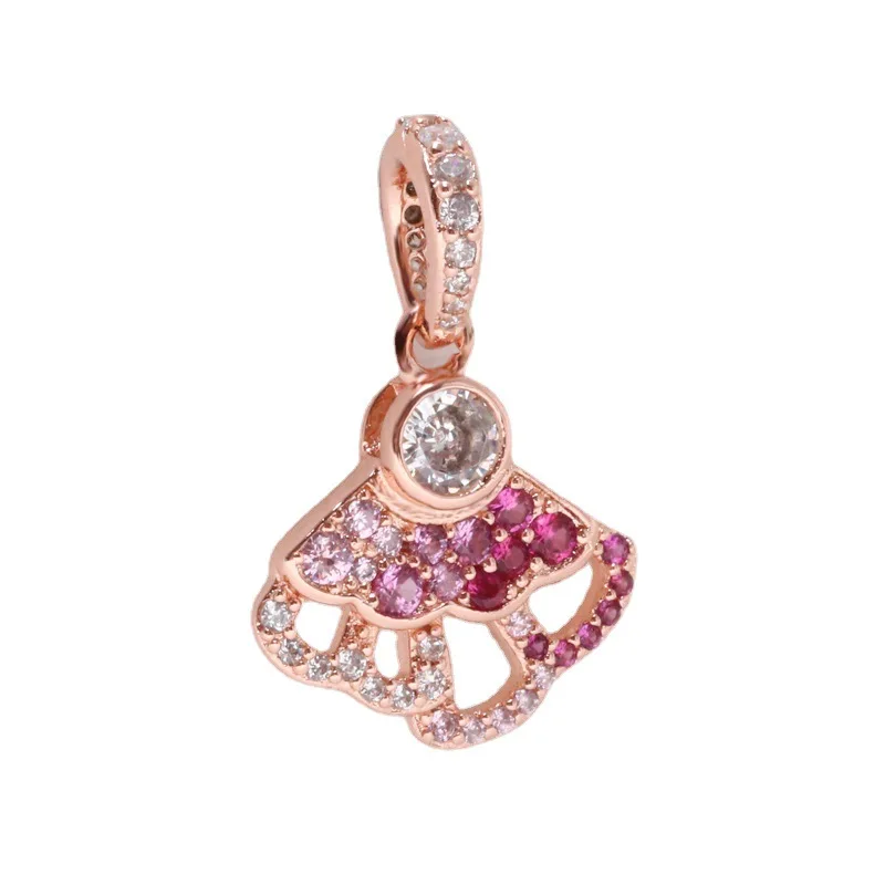 

Amas Genuine 925 Sterling Silver Rose gold pink fan pendant fit Original charm Bracelet Jewelry Making DIY Gift