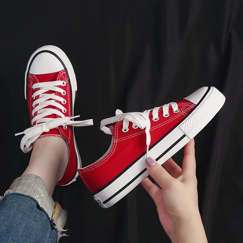 Spring Autumn Womens Canvas Casual Flat Sneakers Comfortable Student Low Top Vulcanize Shoes Lace Up PW043