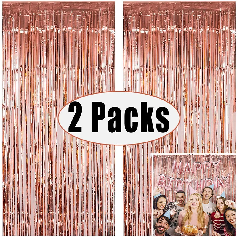 

2pcs Metallic Foil Tinsel Fringe Curtain Happy Birthday Party Decoration Wedding Backdrop Boy Girl First Birthday Banner Garland