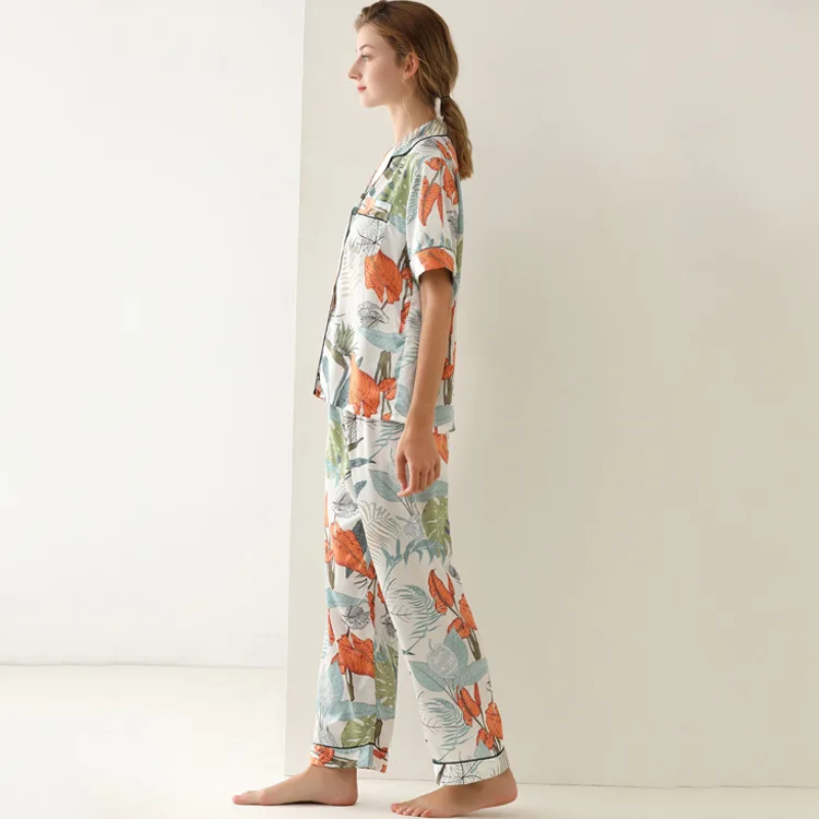 Autumn New Printing Fashion Pajama Suit Woman Satin Short Sleeve Trousers Loose Pyjamas