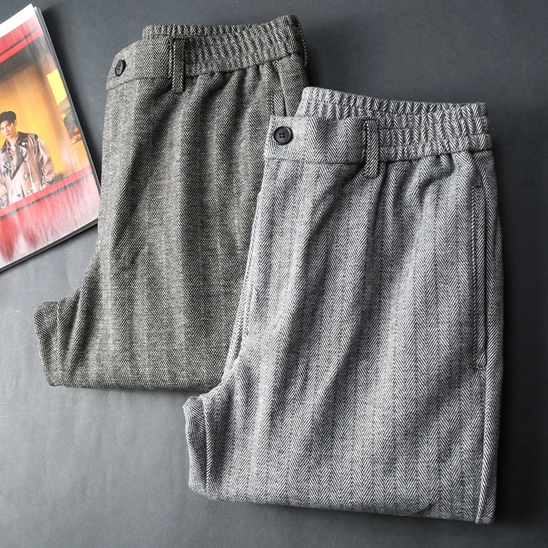 JSBD brand trend winter men's casual pants business stripes loose elastic belt waist comfortable thickening thermal | Мужская одежда