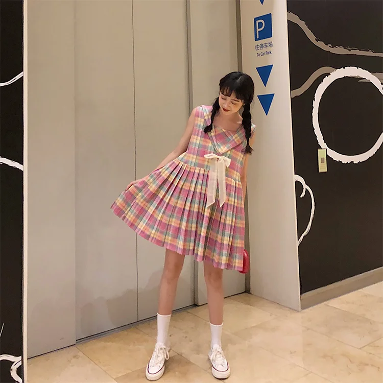 Корейский стиль преппи сладкий красота платье женщина Радуга плед матросский