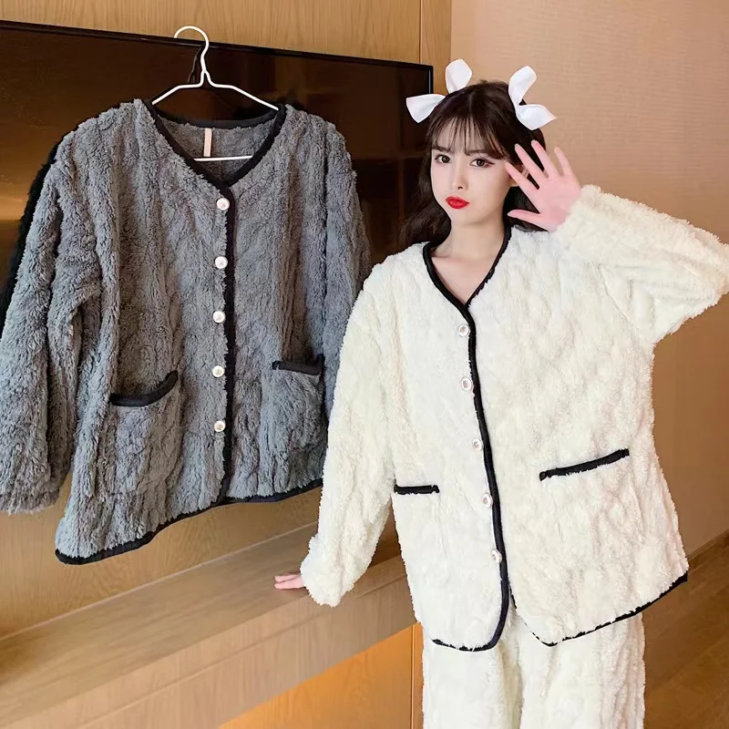 Pajamas Women's Autumn And Winter Solid Color V-Neck Cardigan Linen Pattern Plus Velvet Thickening Home Service Suit