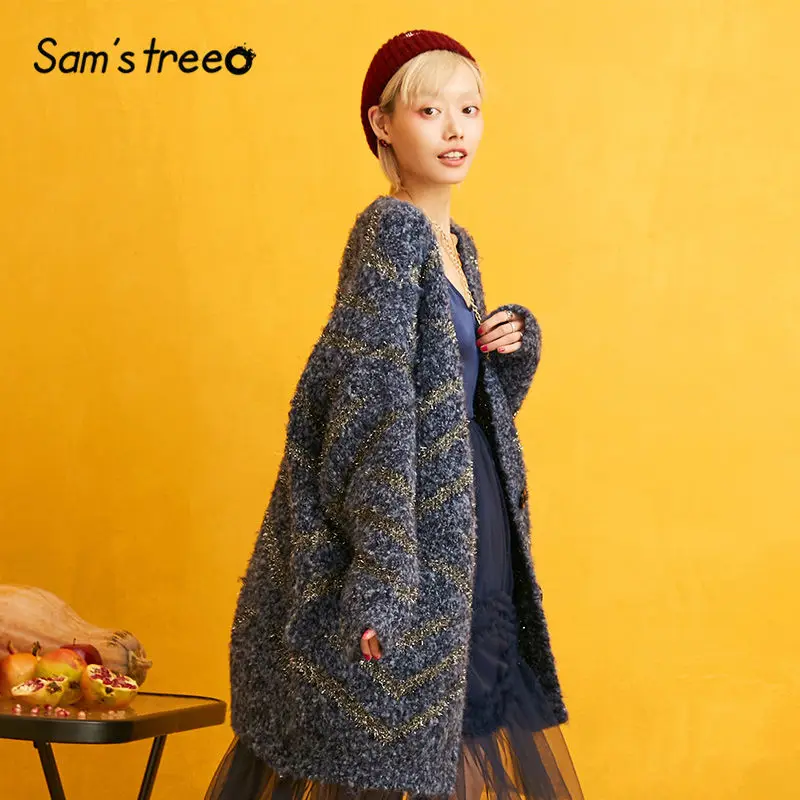 SAM'S TREE синий лоскутный Золотой Шелковый женский свитер кардиган зима широкий рукав трикотажные повседневные женские свитера