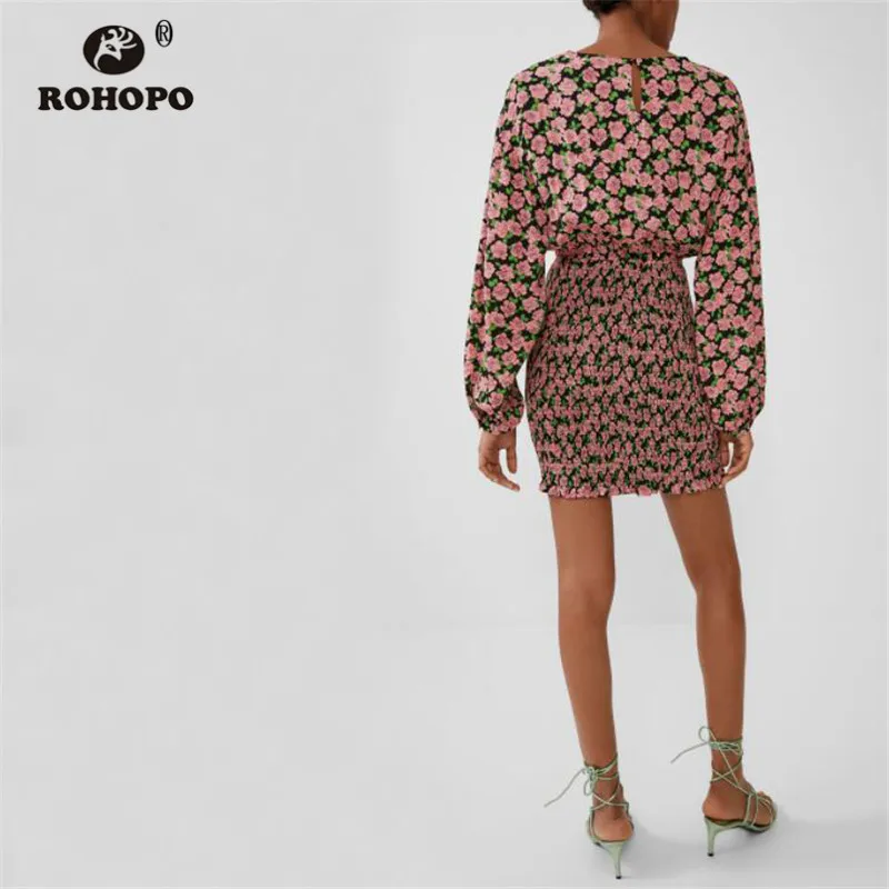 ROHOPO розовый низ Smocking с длинным рукавом туника платье круглый воротник дамы Yonger