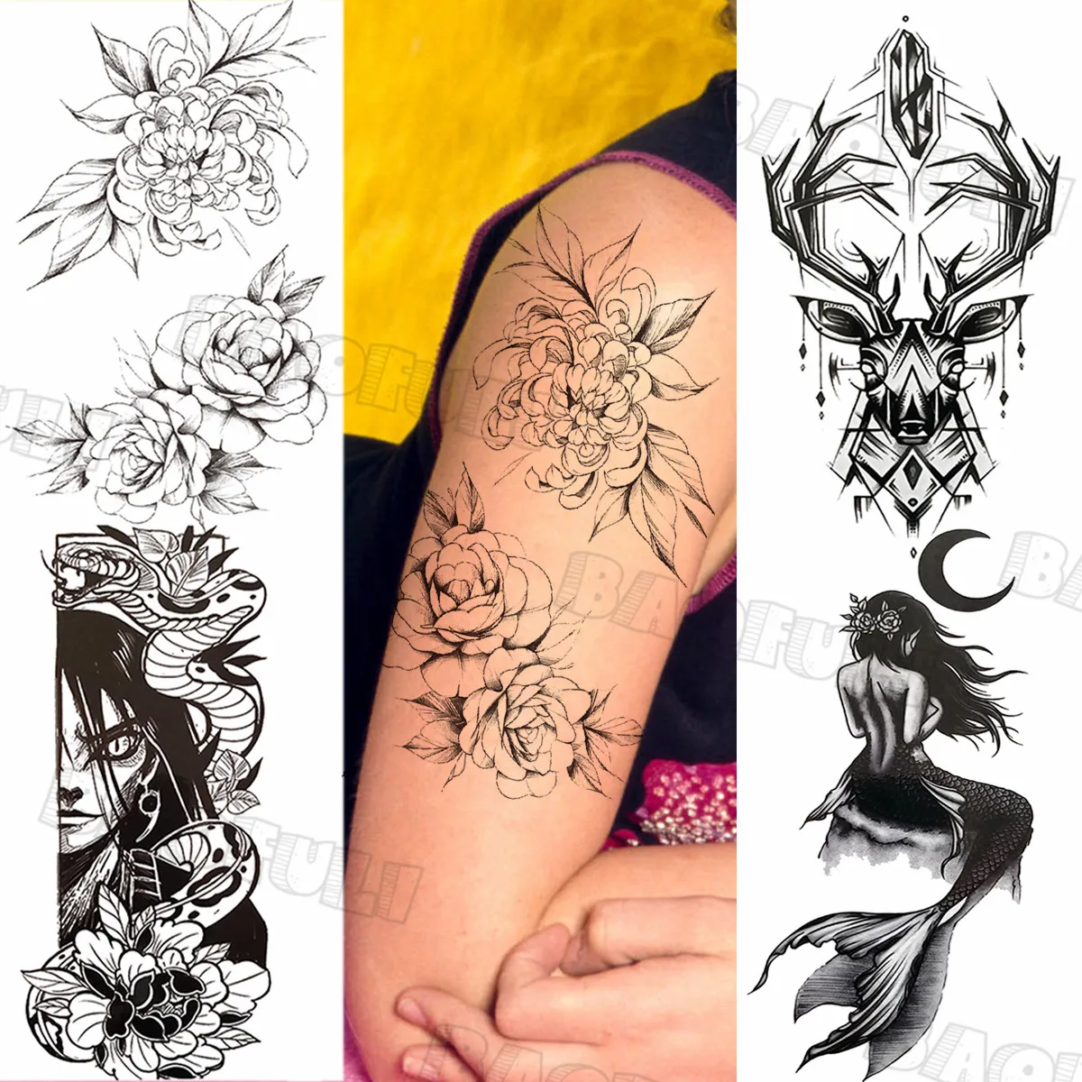 

Татуировка Временная на руку для женщин, пикантная Розовая маргаритка, мессенджер для взрослых женщин, Русалка, олень, искусственная татуировка, индивидуальный моющийся нарукавник