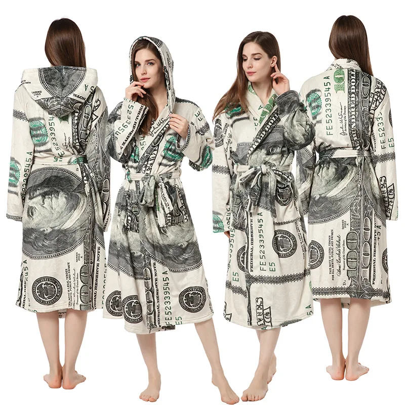 

New US dollar printed Nightgown men's and women's home clothes warm Nightgown flannel bathrobe personalized bathrobe