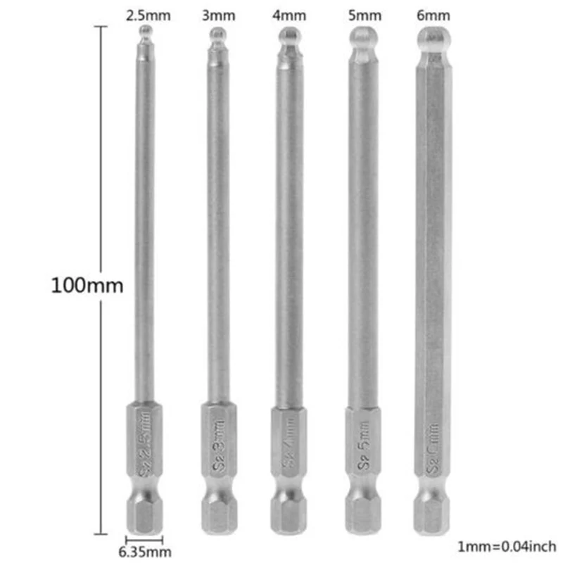 

5x 1/4 100mm Ball-shaped Drill Bits 2.5,3,4,5,6mm For Electric Screwdriver