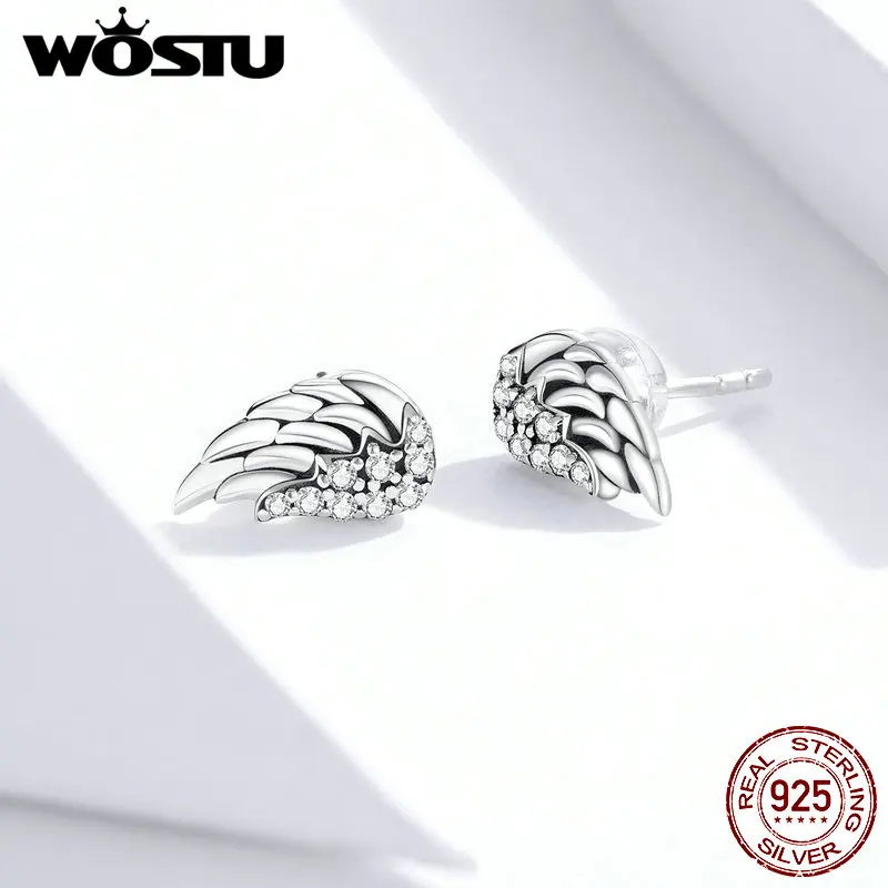 

WOSTU Feathers Earrings 925 Sterling Silver Retro Angel Wings Stud Earrings Stud for Women Cubic Zircon CZ Silver Jewelry CQE882