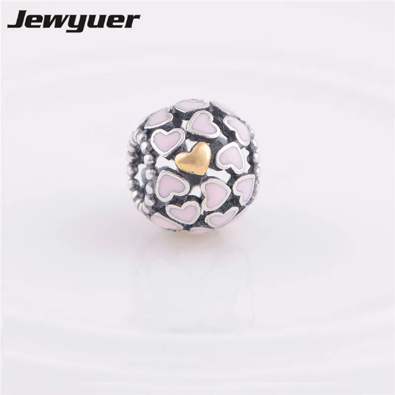 Серебряные подвески в виде сердца с розовой эмалью и золотым сердцем серебряные