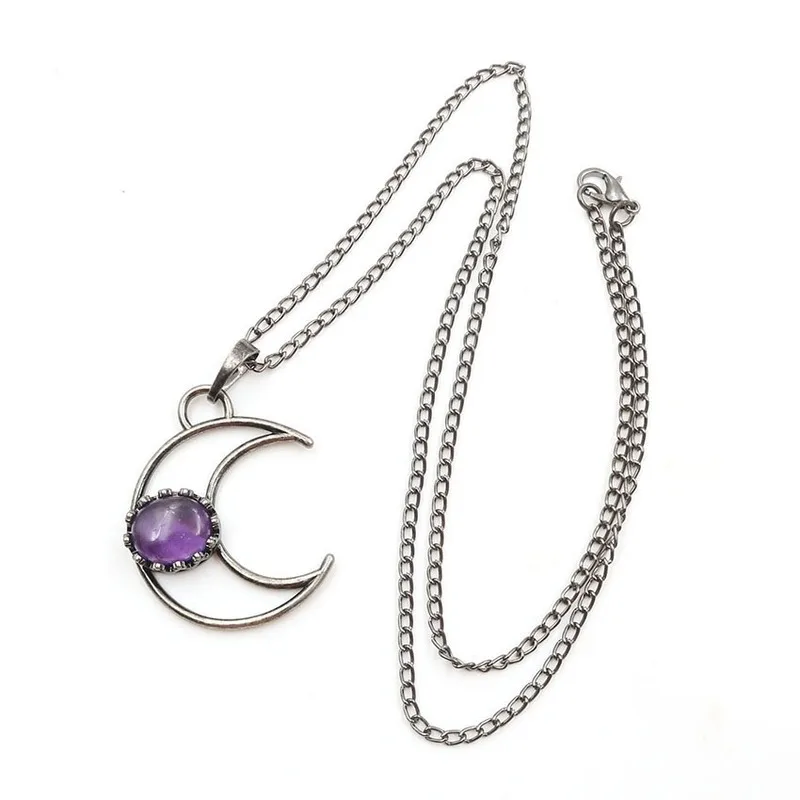 Ретро натуральный камень черный полумесяц луна ожерелье кулон Фиолетовый