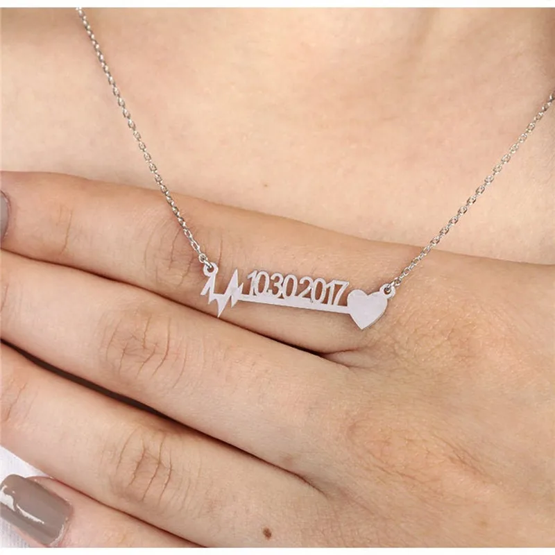

Personalized Heart With Birth Date Necklaces Pendants Heartbeat Customized Jewelry Nameplate Choker Necklace For Women Gifts