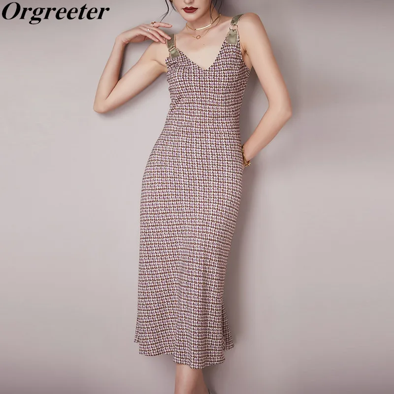 

Retro Print Knee-length Dress Runway design Sexy Sleeveless Spaghtti strap Plaid Printted Dress Female Summer 2021 New