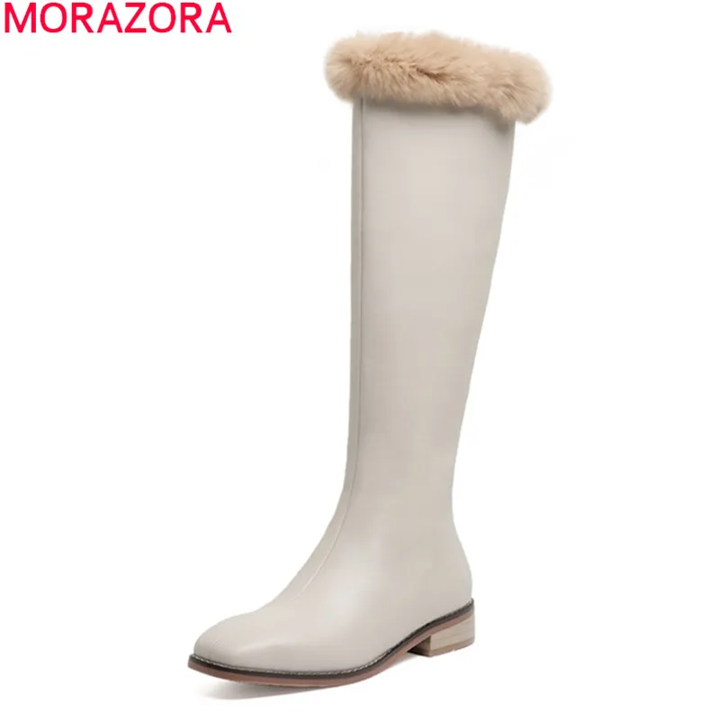 

MORAZORA 2021 New Arrival Women Boots Comfortable Low Heel Square Toe Knee High Boots Keep Warm Winter Boots Black Rice White