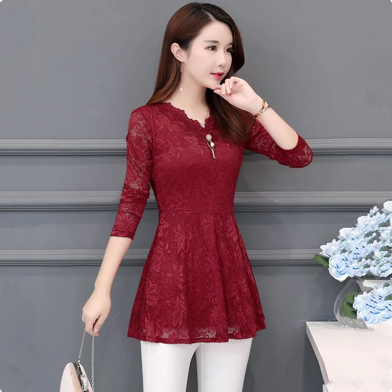 

UHYTGF Autumn shirt women fashion lace stitching hollow elegant slim top female V-neck pullover 4XL plus size blouses women 1438