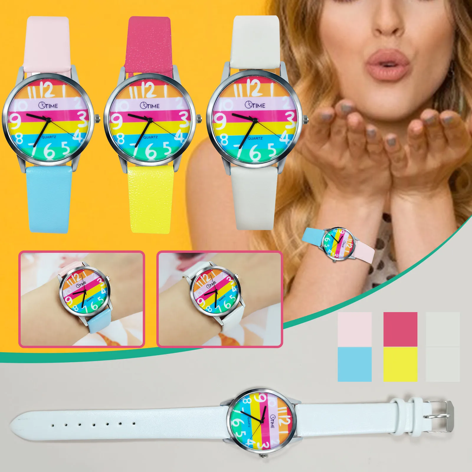 

Women Colorful Rainbow Stripe Print Female Watch Student Quartz Belt Watchчасы женские montre femme reloj mujer relogio feminino