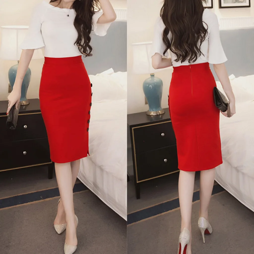 

2021 Womens Pencil Skirt Black Red Ladies High Waisted Button Skirt Cotton Split Office Skirt Multiple Size Long Skirt