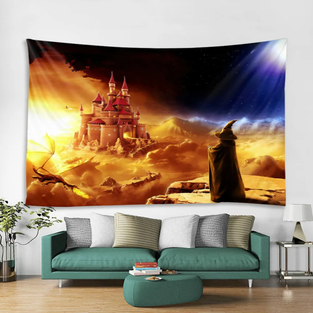 

Fire Dragon Mysterious Sorcerer Old Castle Landscape Wallpaper Art Large Tapestry Kids Bedroom Children Gift Wall Hanging