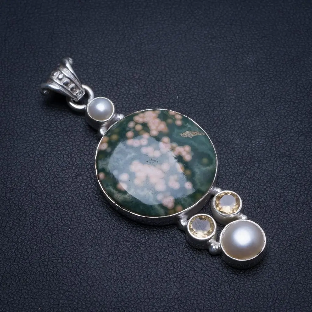

Natural Ocean Jasper,Citrine and River Pearl Handmade Boho 925 Sterling Silver Pendant 2 1/4" U0194