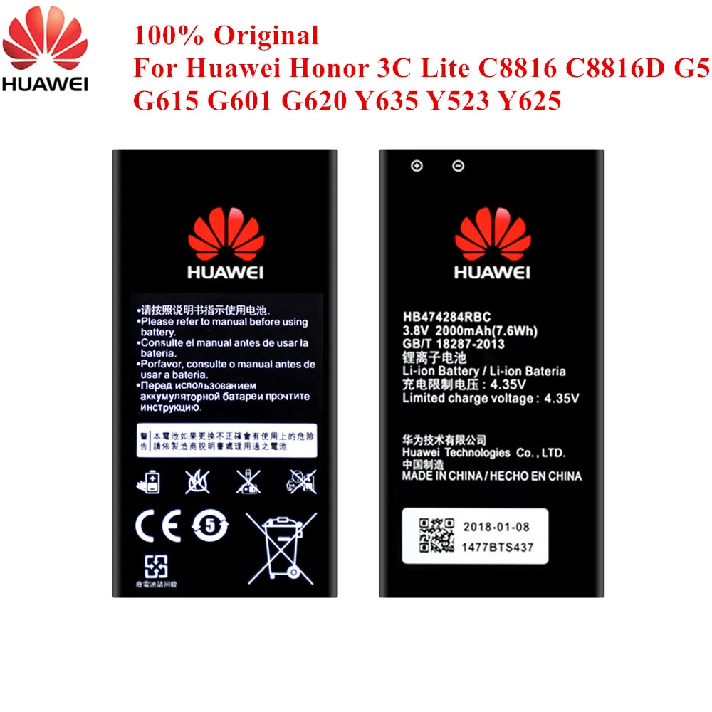 100% Оригинальный Батарея HB474284RBC для Huawei Honor 3C Lite C8816 C8816D G521 G615 G601 G620 Y635 Y523 Y625 Y550 Y560 Y5