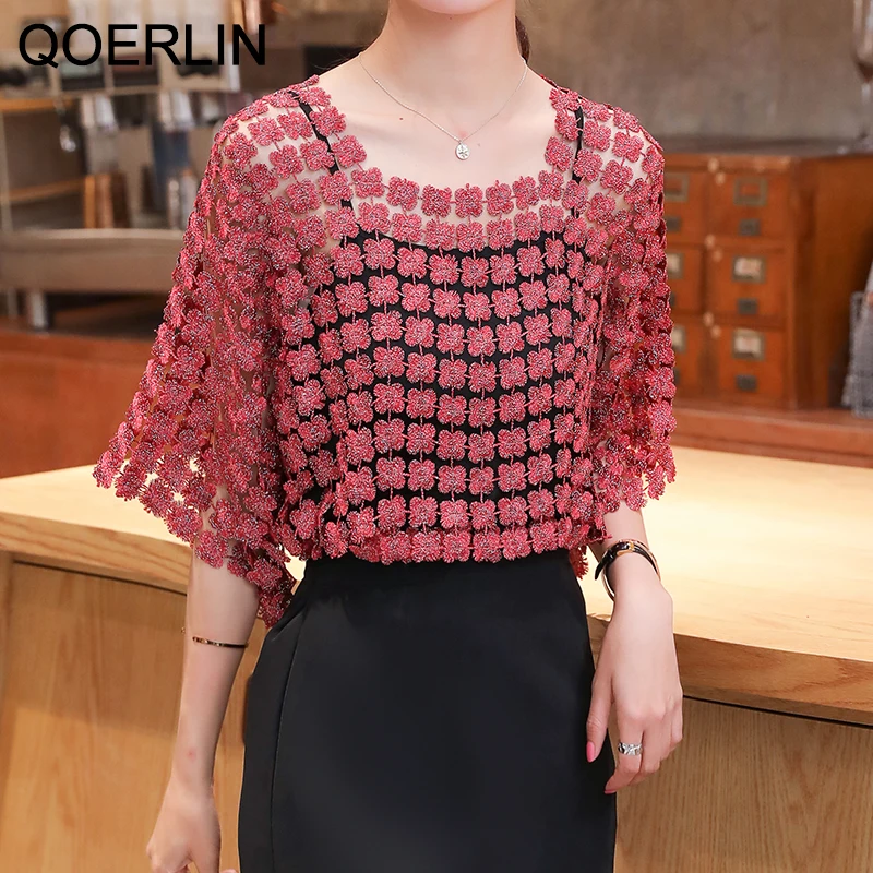 

QOERLIN 2 Pieces Embroidered Chiffon Shirt Summer Suspender Top Two Piece Lace Hollow Mesh Top Sexy Temperament Pullover Blouse