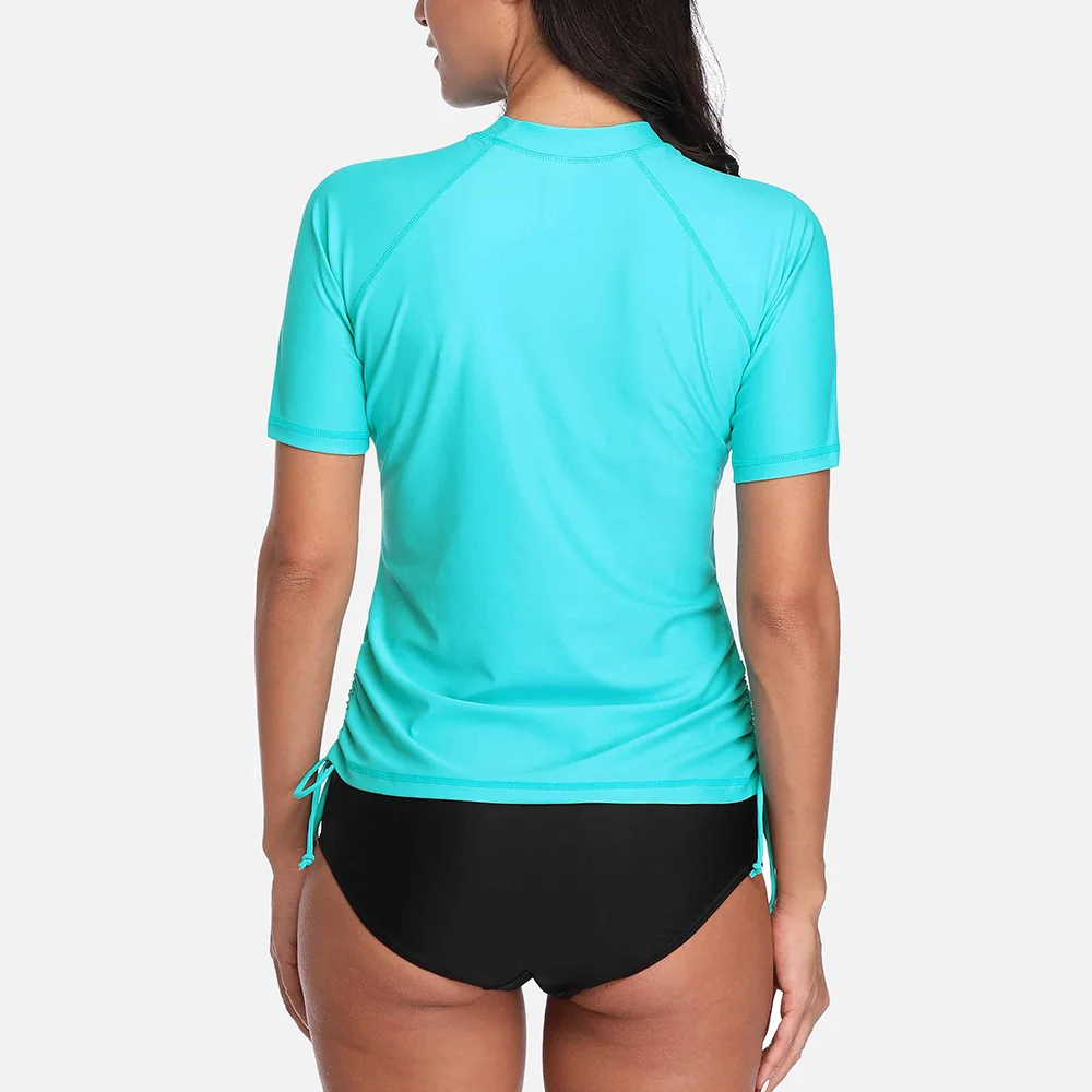 Attraco Swimsuit Swimwear Rash Guard Women Short Sleeve Shirts Rashguard Top Side Bandaged Surf Top Diving Shirt UPF 50+