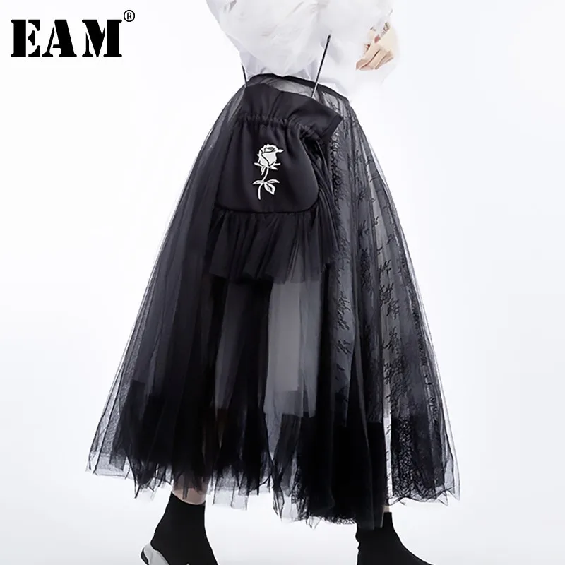 

[EAM] 2021 New Spring Summer High Waist Black 5 Layers Mesh Stitc Temperament Half-body Skirt Women Fashion Tide JT136