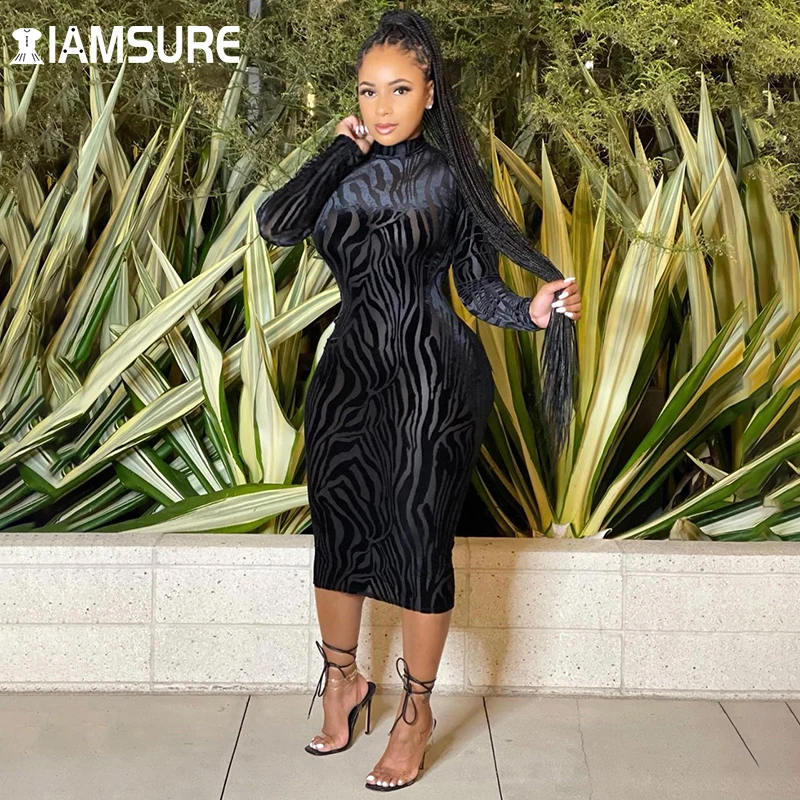 

IAMSURE Slim See Through Bodycon Dress Sexy Skinny Long Sleeve Midi Dresses For Women 2021 Party Dress Clubwear Fashion Ladies