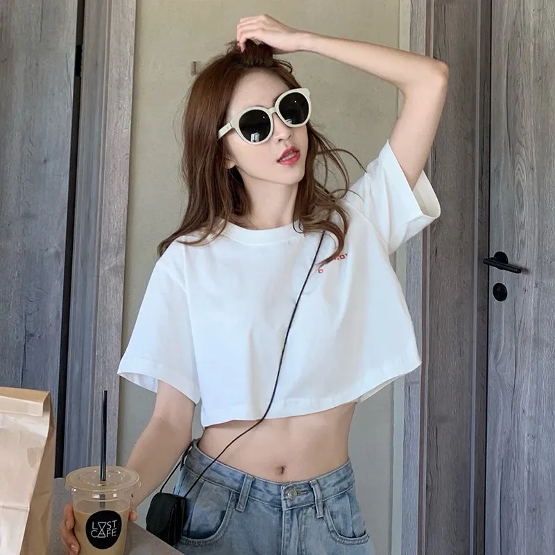 

Summer White Crop Top Female Letter Short Sleeve O-Neck T-shirts Women Short Tops Tee Harajuku Streetwear Clothing