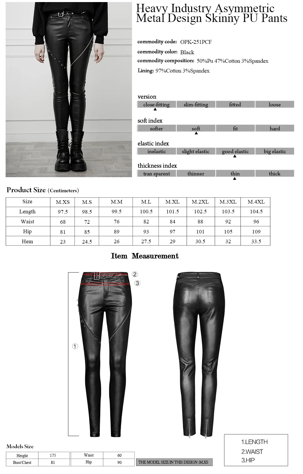 

PUNK RAVE Women's Heavy Industry Asymmetric Metal Design Skinny PU Pants Personality Elastic Pencil Trousers