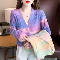 women tops v neck fashion knit cardigan rainbow stripe jacket 2021 autumn new oversize knitted sweater long sleeve coat 0h
