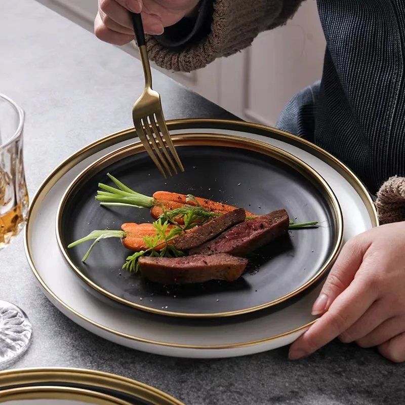 

7/8/10inch Ceramic Dishes Dessert Plate Salad Steak Plates Porcelain Food Plates White/Black Tableware Pasta Plates Restaurant
