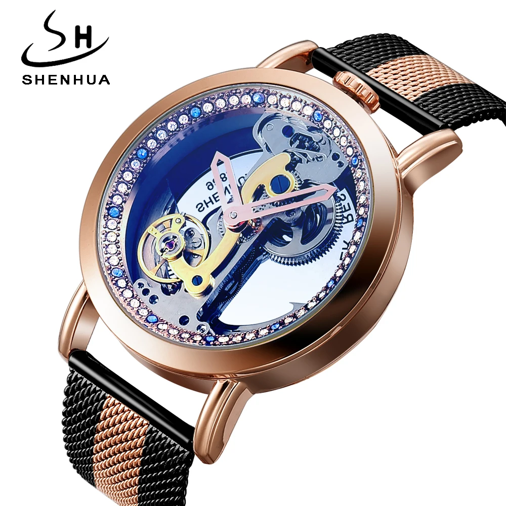 SH Creative Automatic Mechanical Watch Tourbillon Watches Transparent Diamonds Men Luxury Skeleton Self Winding Steel Mesh Clock