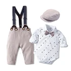 Комплект одежды для маленьких мальчиков, комбинезон с бантом, шапка, джентльменский наплечный ремень, боди для малышей, детская одежда, 3, 6, 9, 12, 18, 24 рот