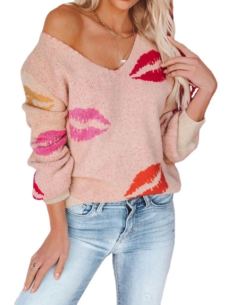 

Женский пуловер с длинным рукавом, V-образным вырезом и принтом