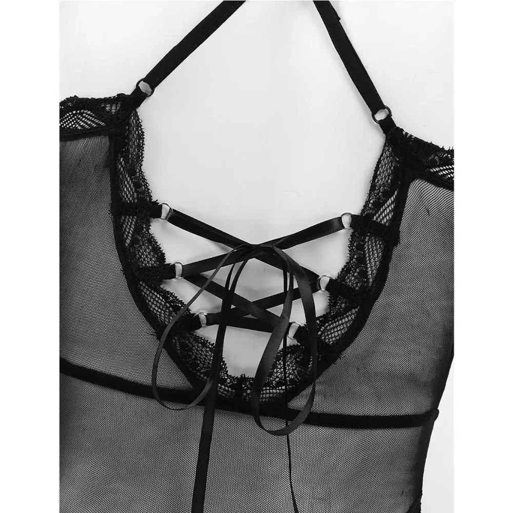 

Sexy One-piece Bodysuit Lingerie Women Erotic Costume See Though Sheer Mesh Lace Trim Teddy Bodysuit Leotard Nightwear Sleepwear