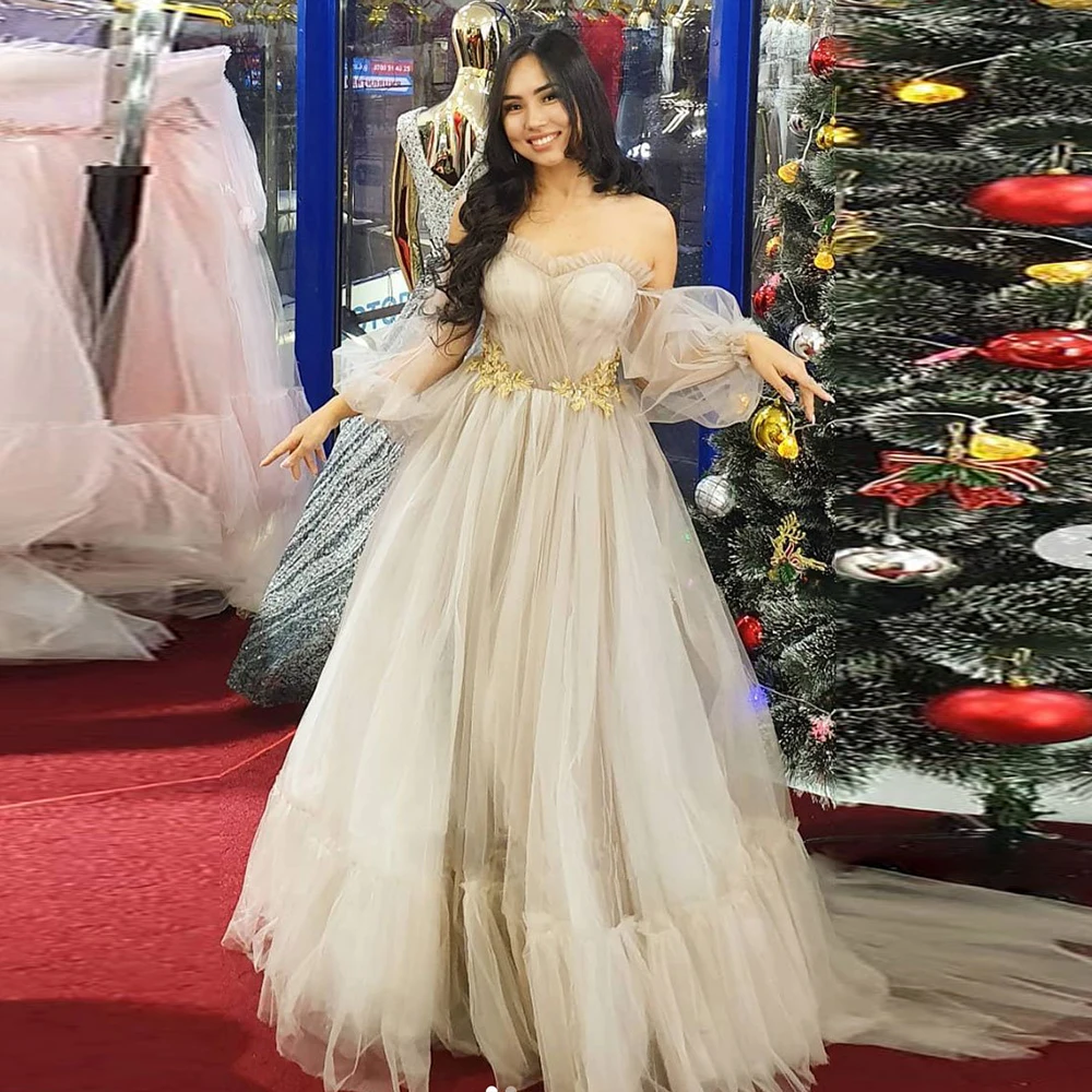 

Off-The-Shoulder Evening Dresses Long 2021 Women Tulle Sweetheart A-Line Prom Gown Sexy Appliques Party Dress vestido de fiesta