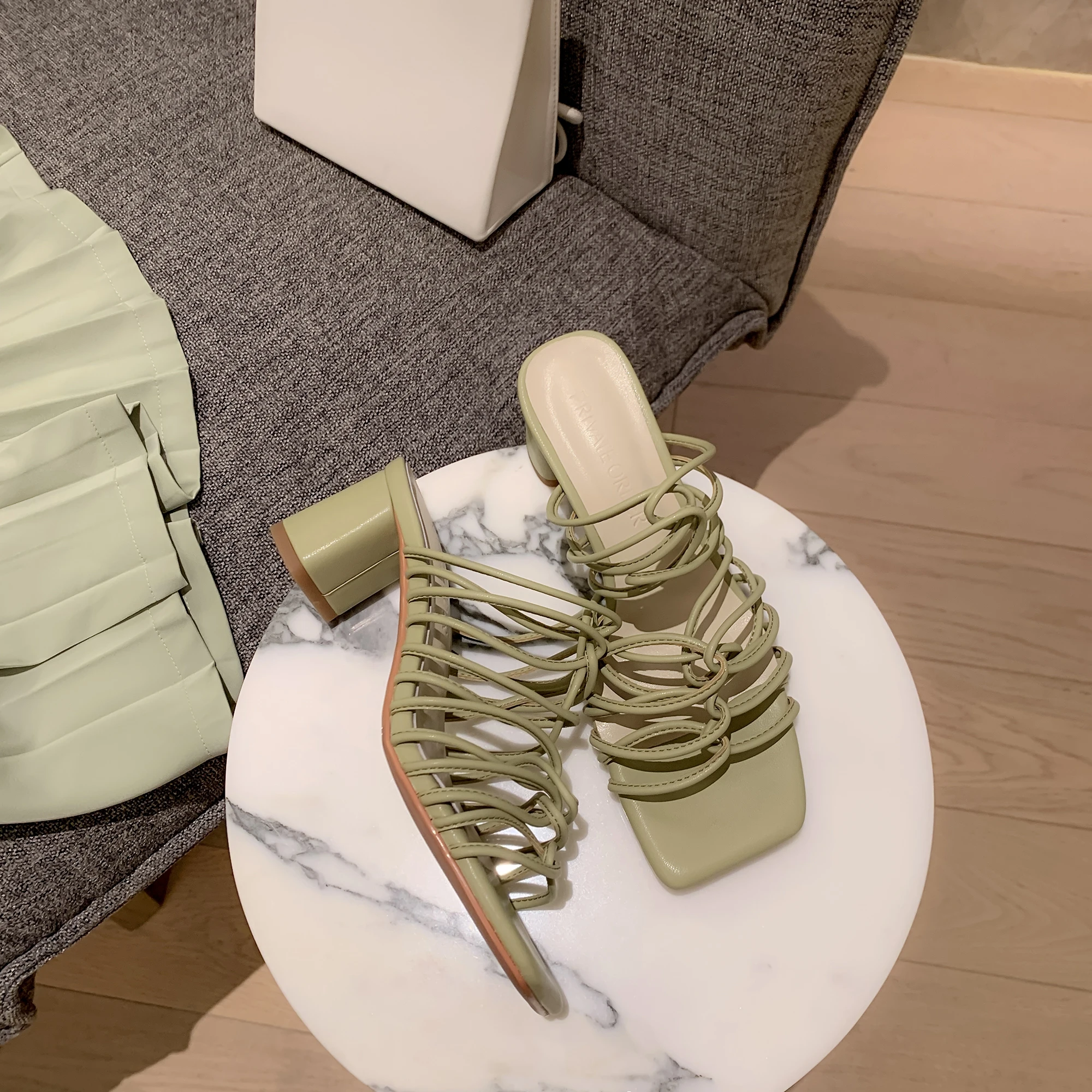 

Insicre 2021 Summer Fashion White Green Woven Cross Women Slippers Square Toe Thick High Heels Gladiator Sandals Size 34-40