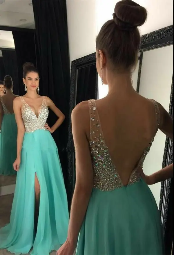 

Women's A-Line Long V-Neck Aqua Beaded Prom Dresses with Slit Chiffon Robe De Soiree Sexy V Back Side Slit Formal Party Dresses