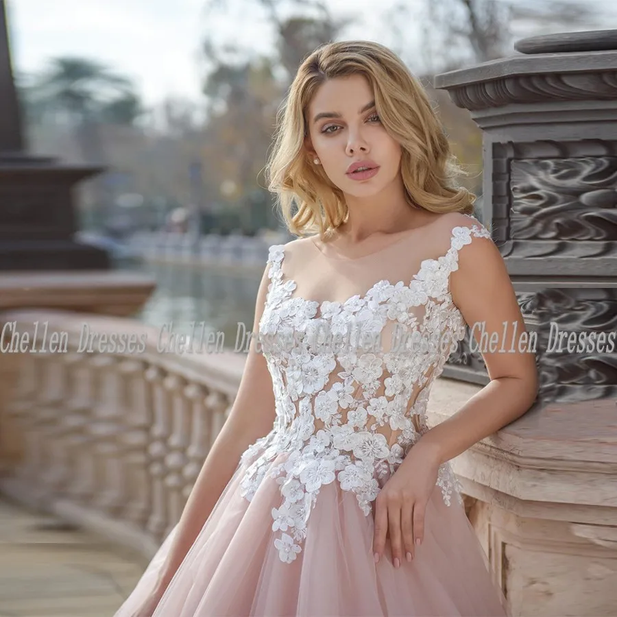 

2021 New Pink Elegant Princess Custom Made 3D Flowers Lace Applique Pearl Beaded Illusion Backless Tulle A Line Wedding Dress