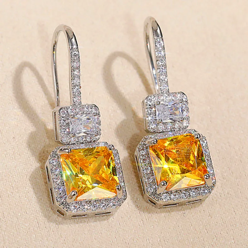 

Huitan Gorgeous Princess Square Yellow Cubic Zirconia Drop Earrings Women Wedding Engagement Elegant Accessories Fashion Jewelry