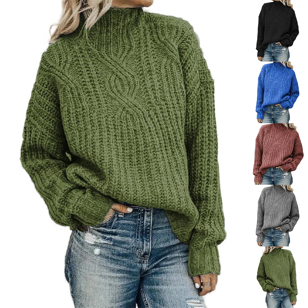 

Women's High Neck Long Sleeve Solid Knitted Sweater Winter Casual Warmer Jumper Tops Ladies Plain High Neck Loose Wear Clothes
