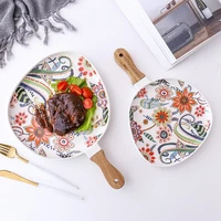 high temperature matte glaze acacia wood handle ceramic plate steak plate western food plate pasta plate