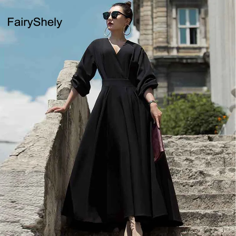 

FairyShely 2020 Spring Summer Plus Size Vintage Boho Long Dress Women long Sleeve Black Maxi Dress Ladies V Neck Party Dress XXL