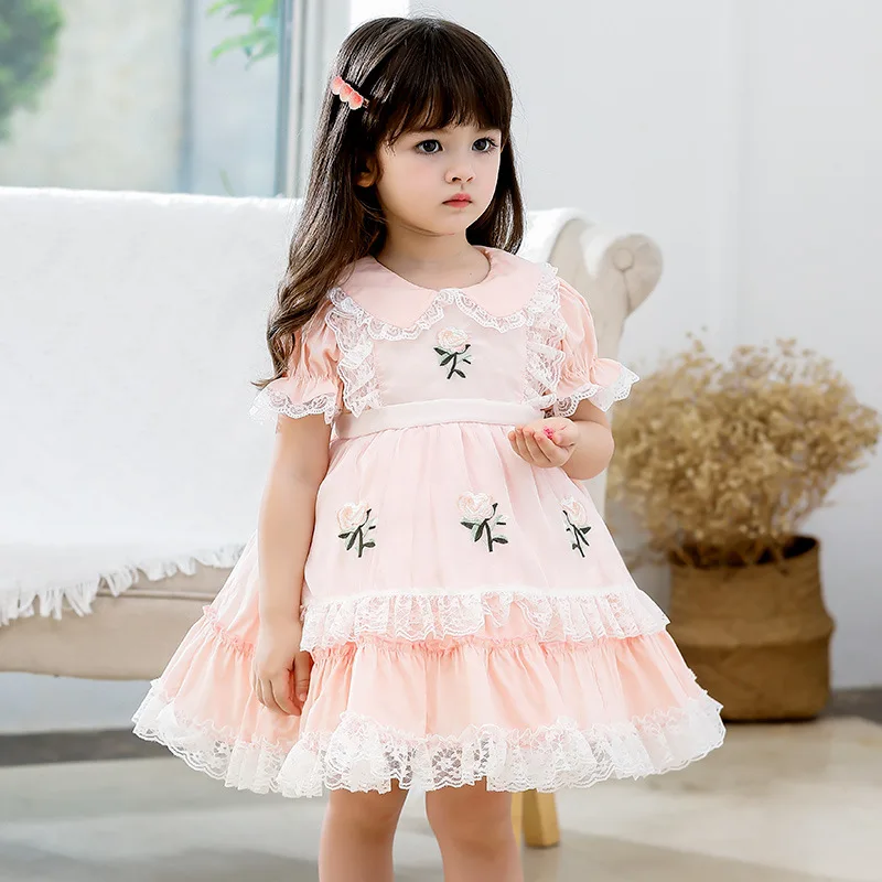 

2023 New Girls Spanish Lotia Dresses Baby Birthay Baptism Pink Yellow Ball Gowns with Lace Toddler Spain Boutique Cotton Dress