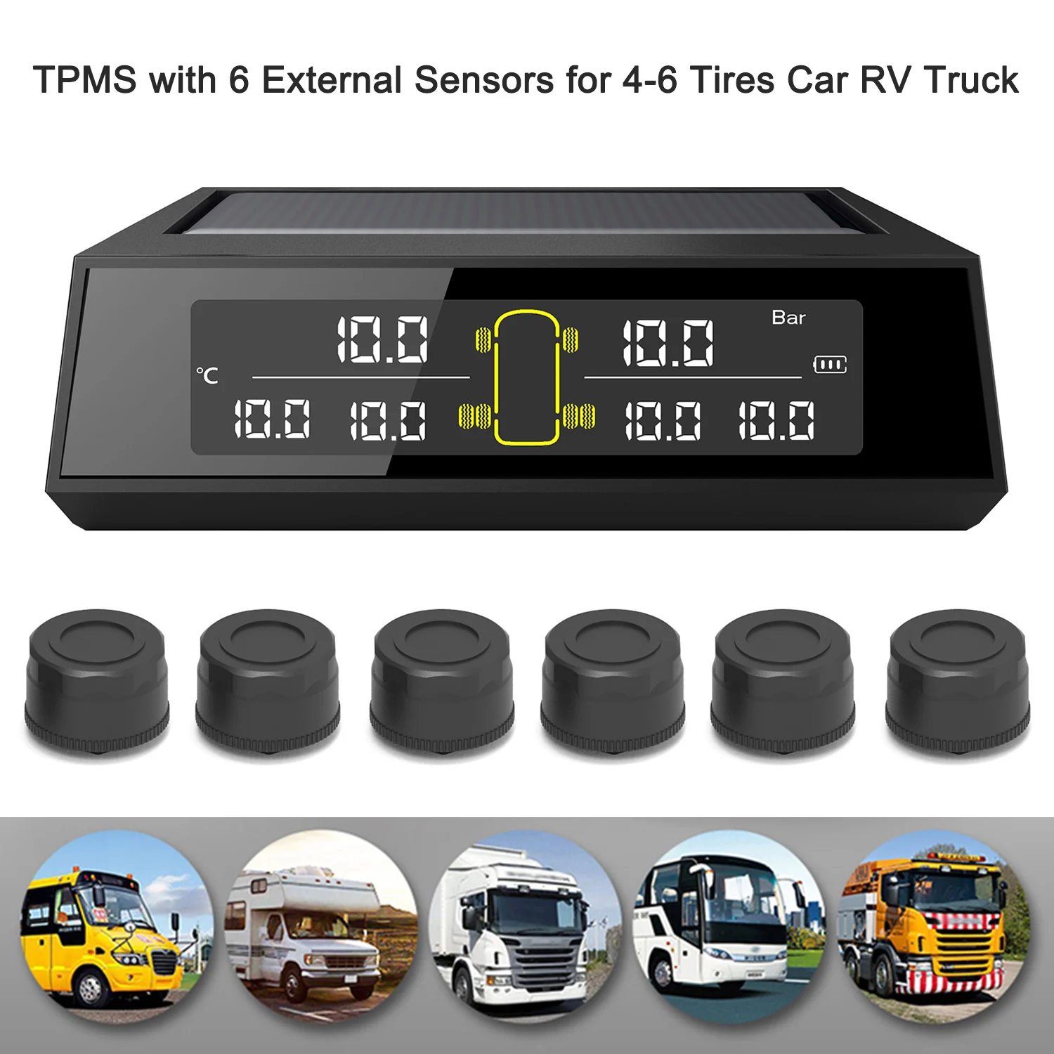 Солнечная энергия TPMS система контроля давления в шинах RV Truck 6 внешние датчики для
