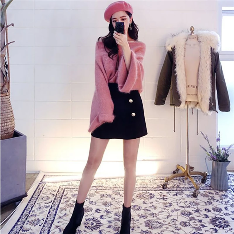

Autumn and winter sexy strapless collar fluff mink coat female loose big horn sleeve pullover sweater mink