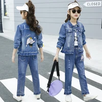 2021 girls spring girls jeans suit new denim jacket printed ripped jeans autumn casual childrens clothing 4 16 years old