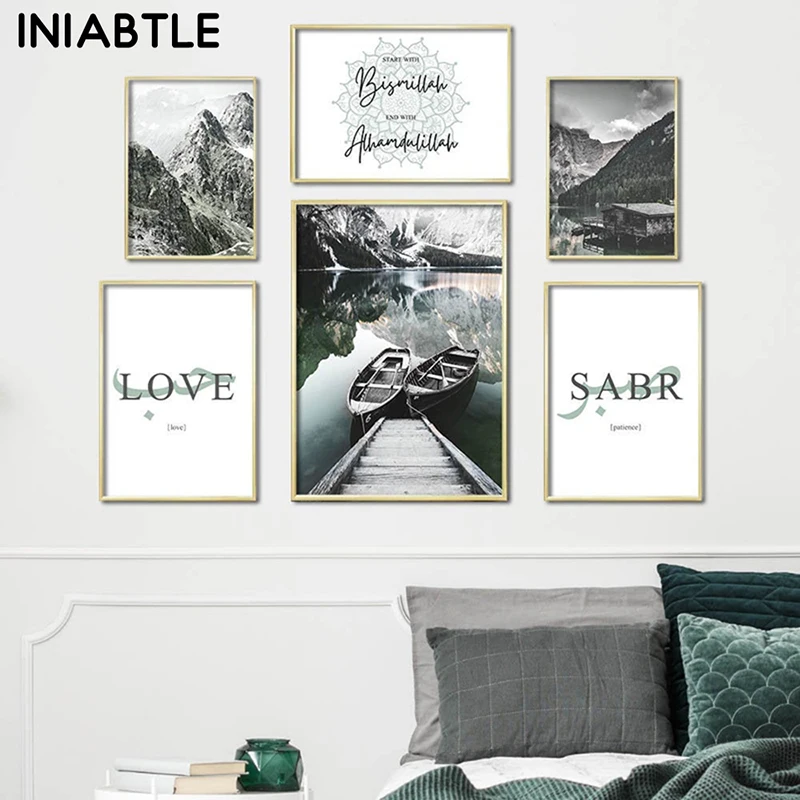 

Allah Islamic Mountain Lake Landscape Canvas Painting Poster Print Abstract Wall Art Nordic Picture For Living Room Home Decor