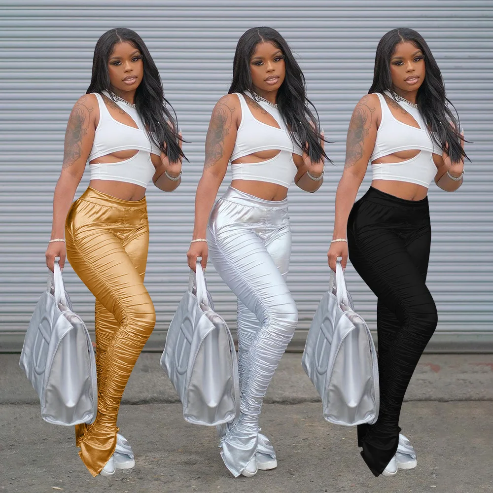 

Модные эластичные облегающие плиссированные брюки с высокой талией и разрезом, Женская Повседневная Уличная одежда, штаны в складку, облег...